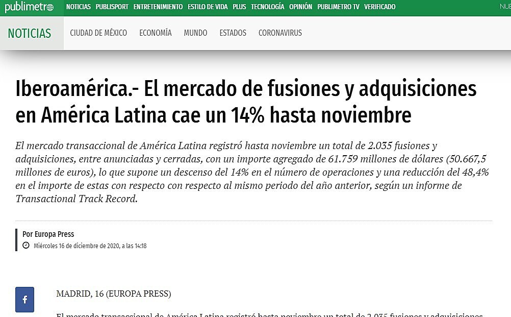 El mercado de fusiones y adquisiciones en Amrica Latina cae un 14% hasta noviembre